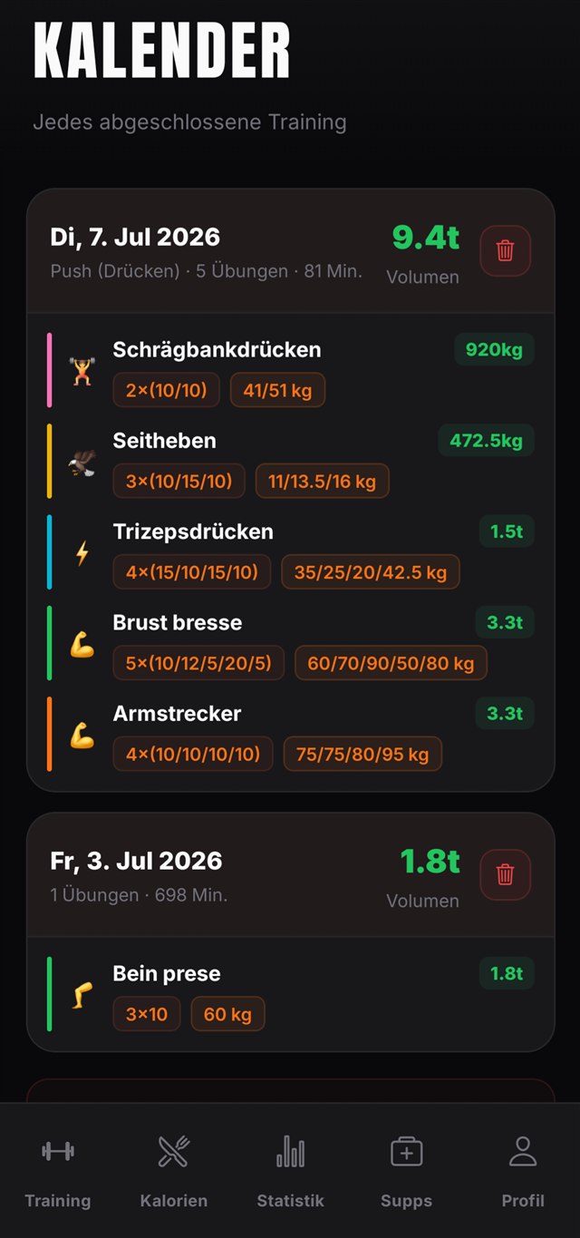 REMLIFT Kalender – abgeschlossene Trainings mit Volumen