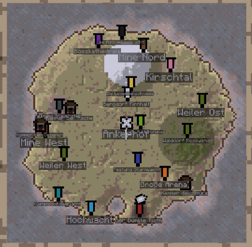 Die Inselkarte von ElderRealms mit Bannern für alle Orte: Ankerhof in der Mitte, Bosskathedrale im Norden, Salzwacht im Südwesten, der Dunkle Turm im Süden