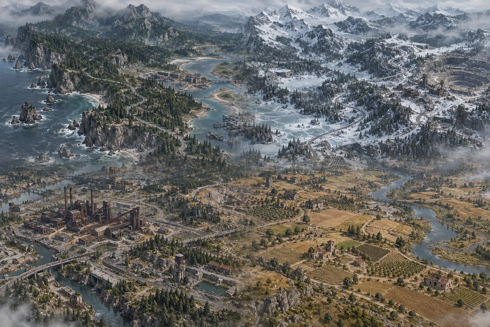 Illustrierte Weltübersicht mit Küste, verschneiten Bergen, Grenzland und Industrieanlagen