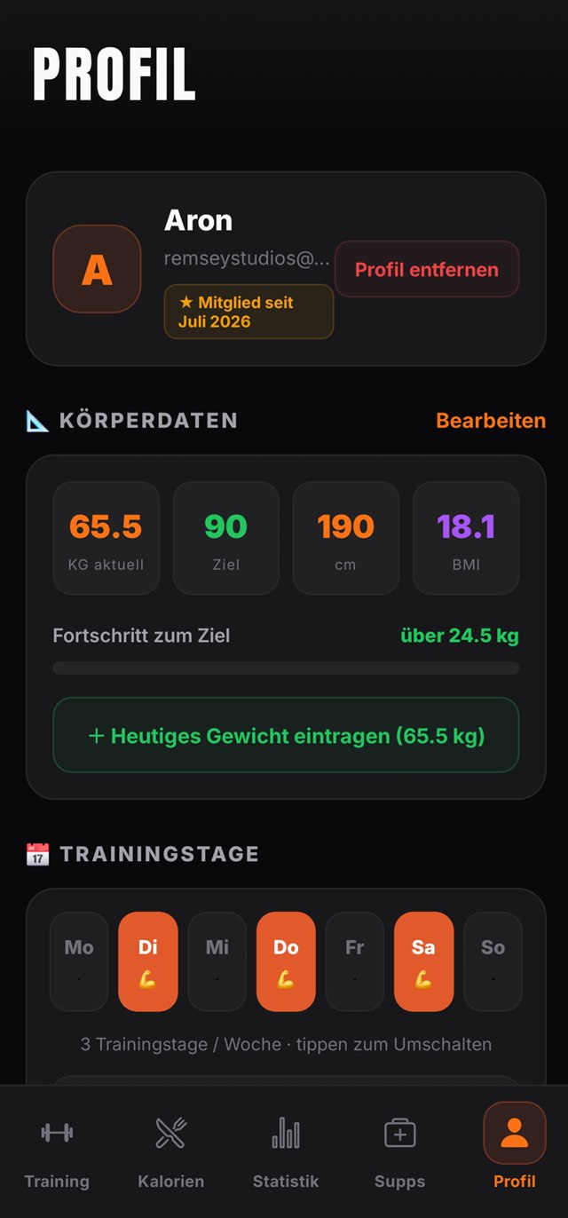 REMLIFT Profil – Körperdaten und Trainingstage