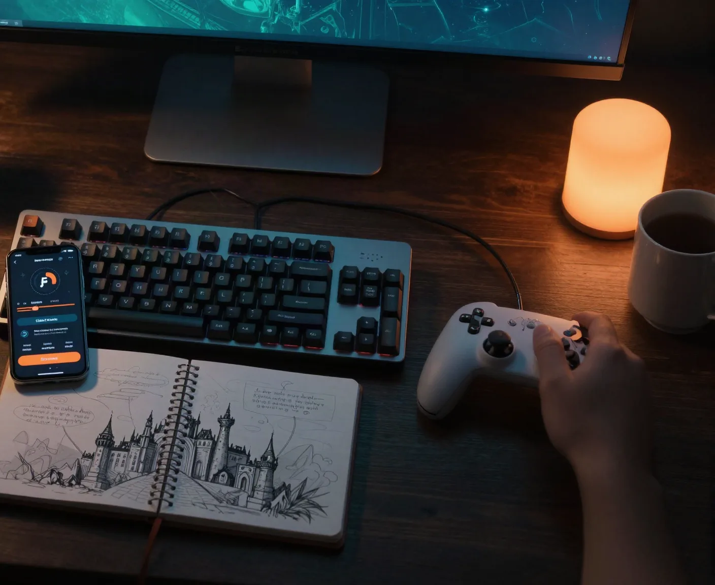 Der Schreibtisch im Studio: Tastatur, Controller, Skizzenbuch mit Burg-Entwürfen und ein Handy mit REMLIFT
